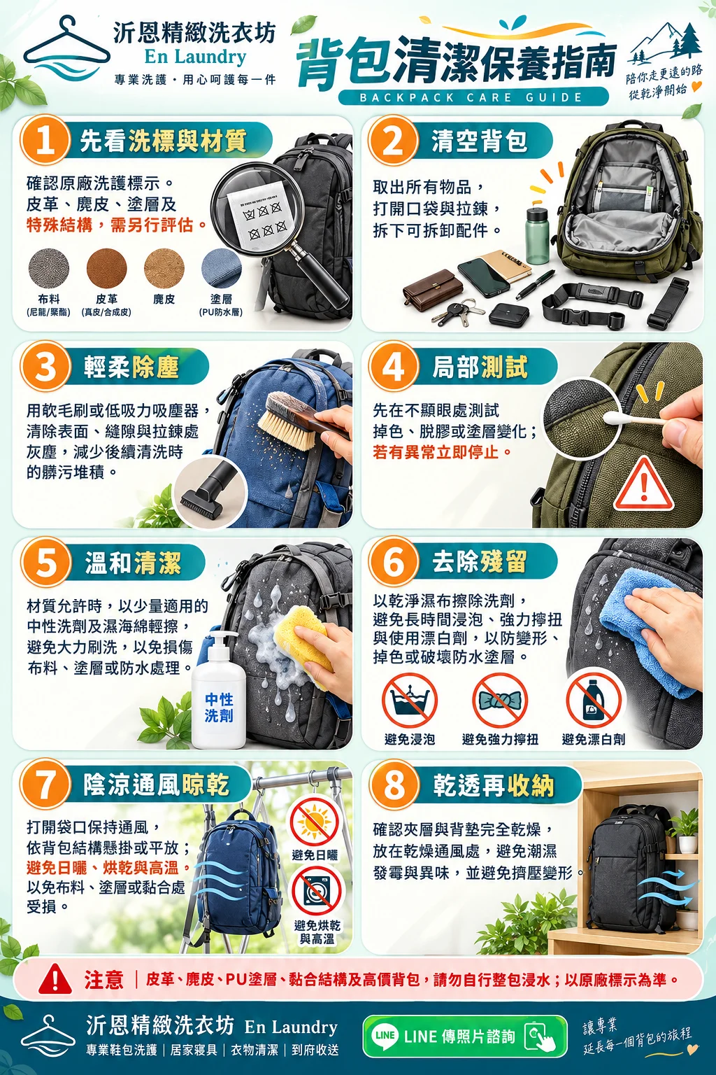 背包清潔保養指南圖解:8 個步驟