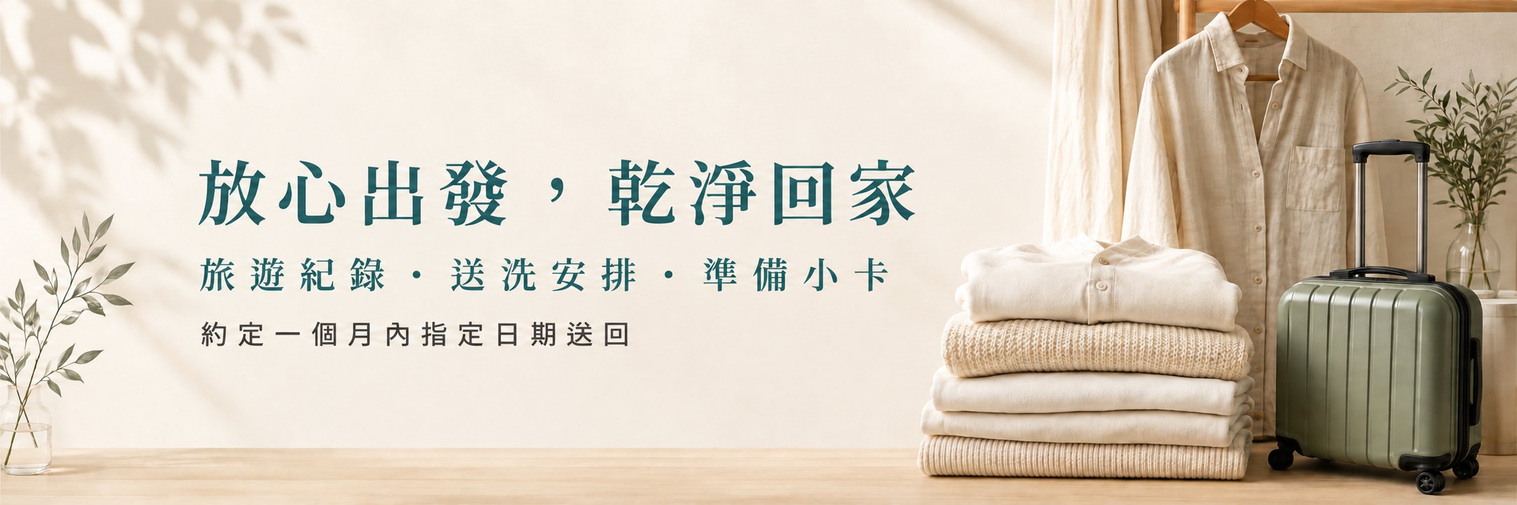 放心出發，乾淨回家。旅遊紀錄、送洗安排、準備小卡，可約定一個月內指定日期送回。